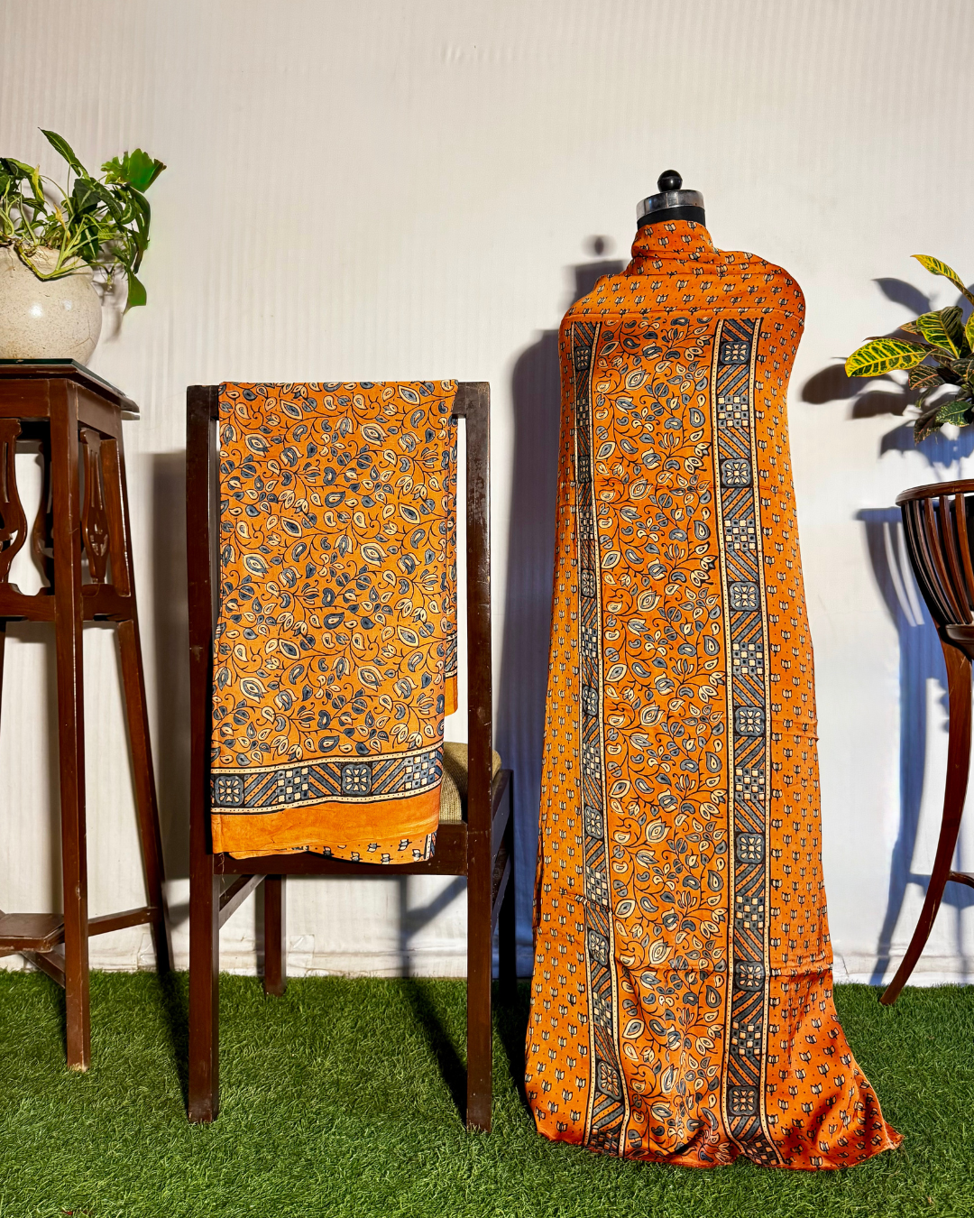 Orange & Grey Ajrakh Unstitched Gajji Silk Dress Material Set