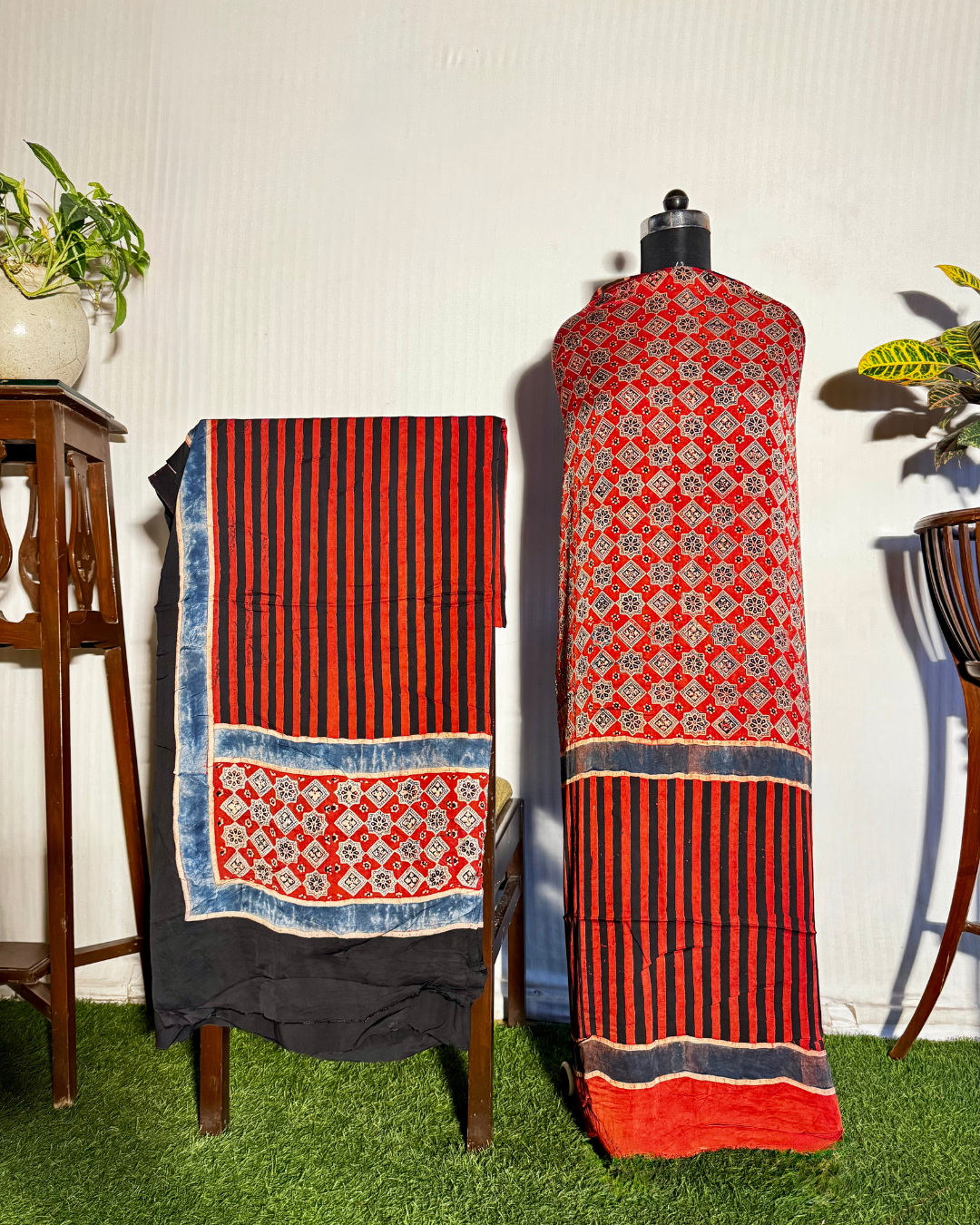 Dark Red and Black Ajrakh Unstitched Gajji Silk Dress Material Set