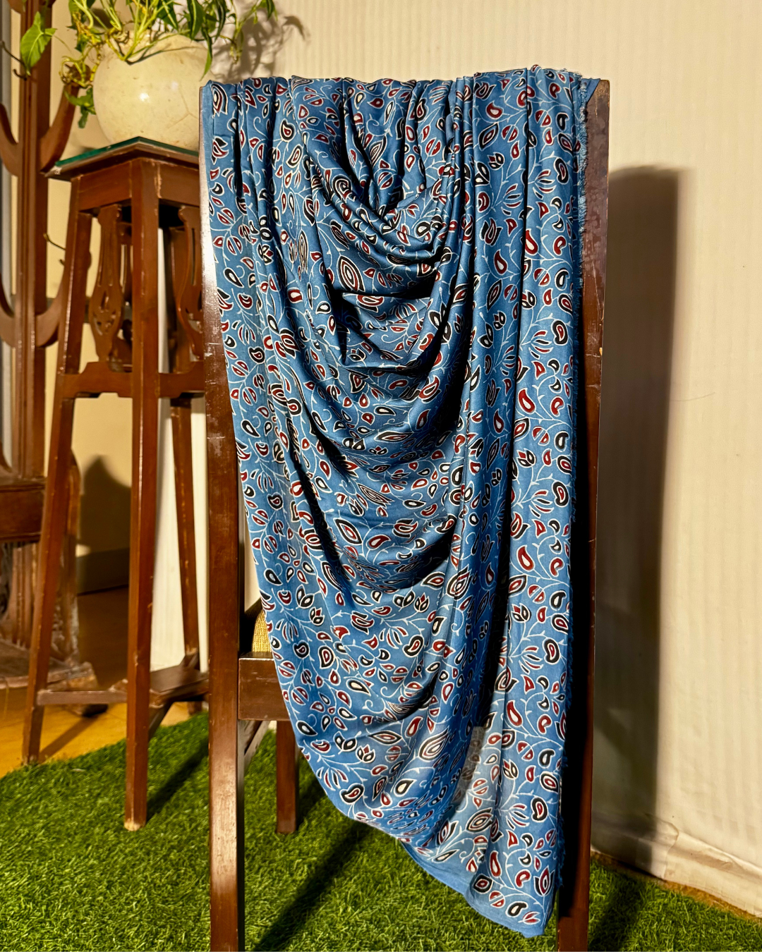 Blue Ajrakh Unstitched Gajji Silk Dress Material Set with Lagdi Patti Dupatta