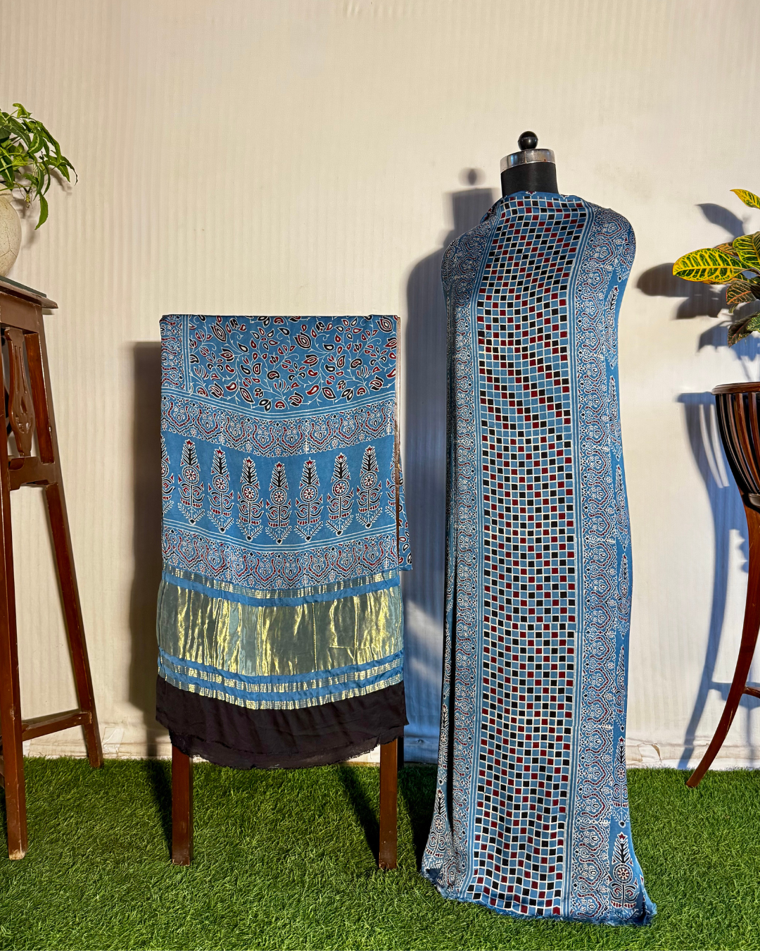 Blue Ajrakh Unstitched Gajji Silk Dress Material Set with Lagdi Patti Dupatta