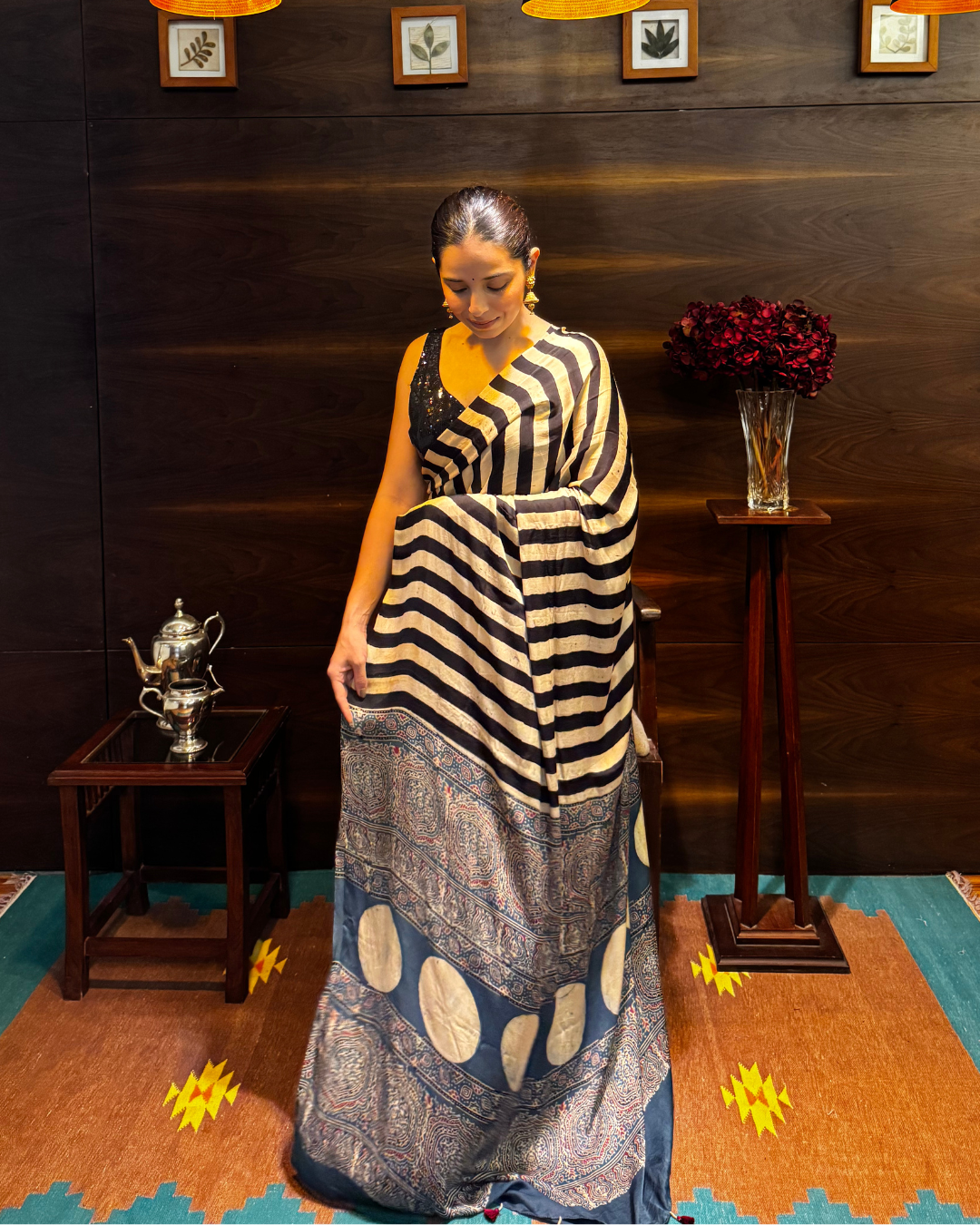 Ajrakh Striped Modal Silk Saree