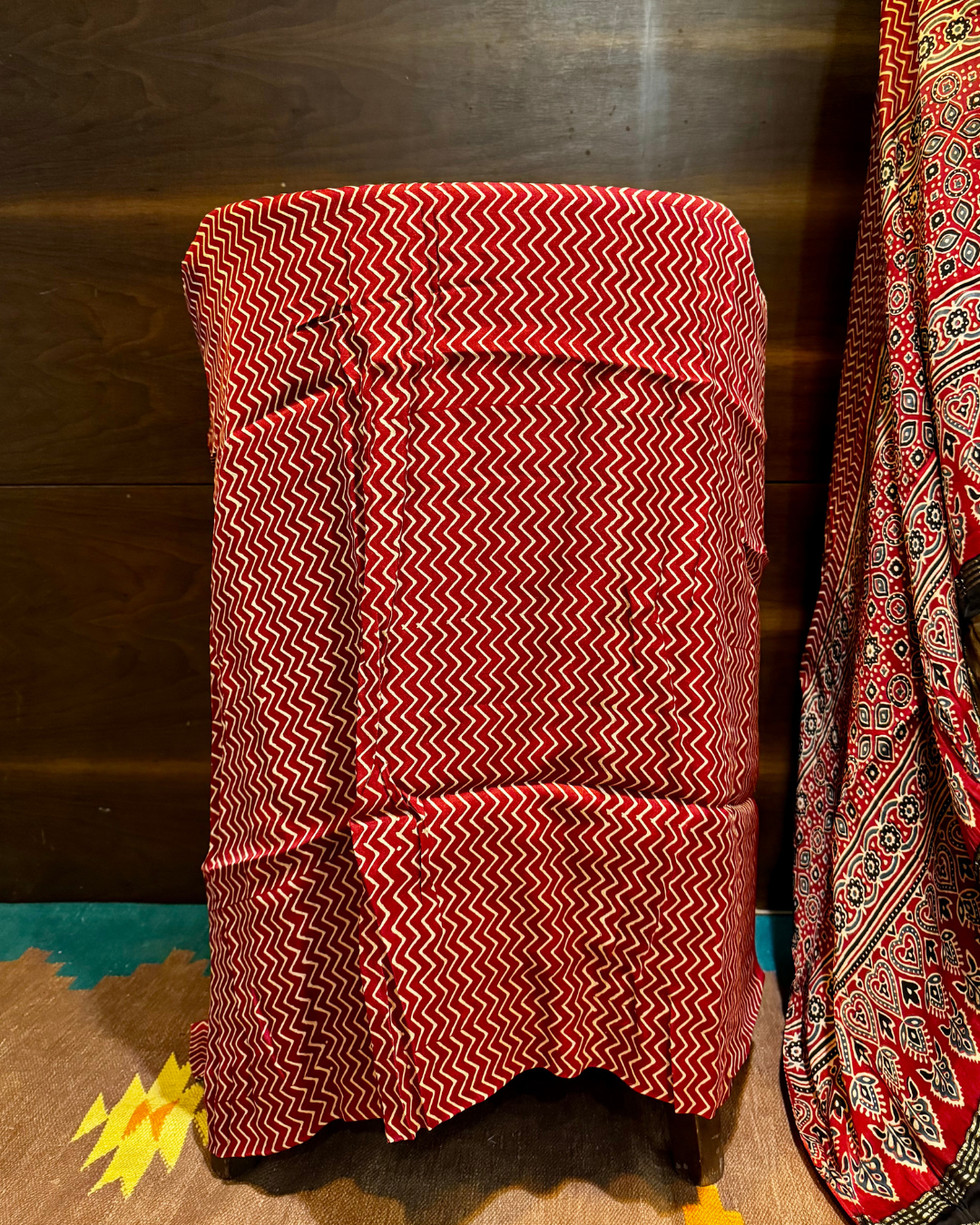 Red Ajrakh Unstitched Modal Silk Dress Material Set with Lagdi Patti Dupatta