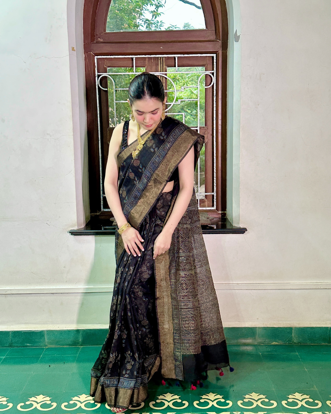 Black Ajrakh Gajji Silk Saree with Antique Gold Border