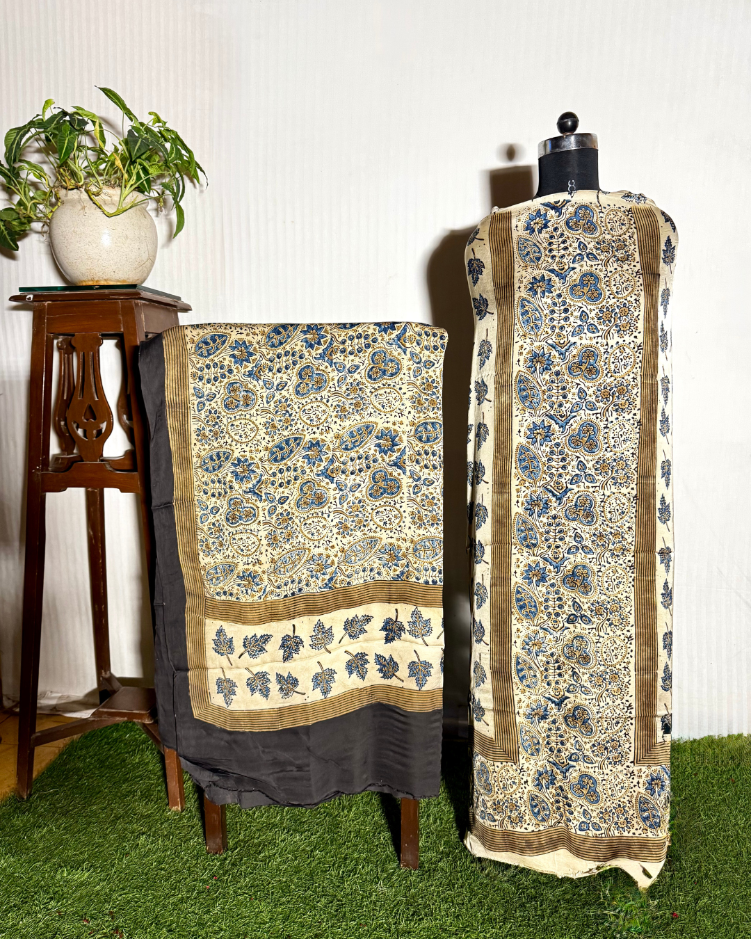 Off White & Blue Ajrakh Unstitched Gajji Silk Dress Material Set