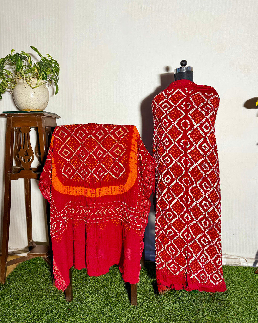Red Bandhani Unstitched Cotton Dress Material Set