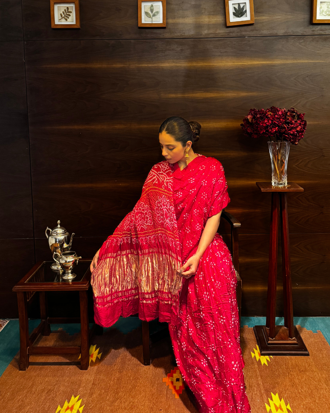 Red Bandhani Pure Gajji Silk Saree with Lagdi Patta