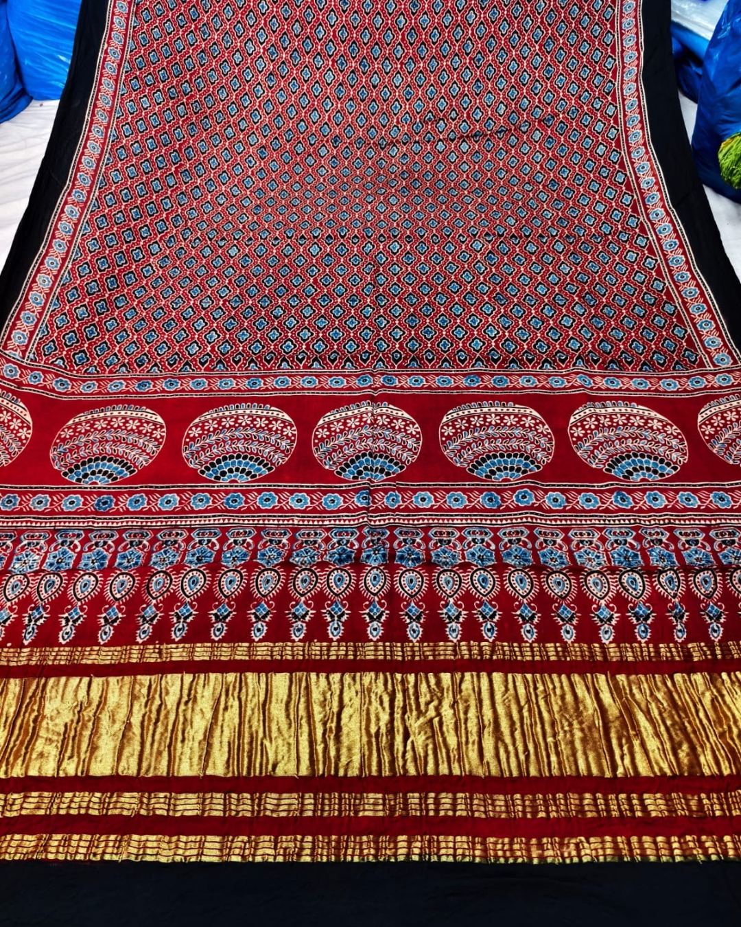 Pure Modal Silk Hand Dyed Ajrakh Block Print Dupatta with Lagdi Patta