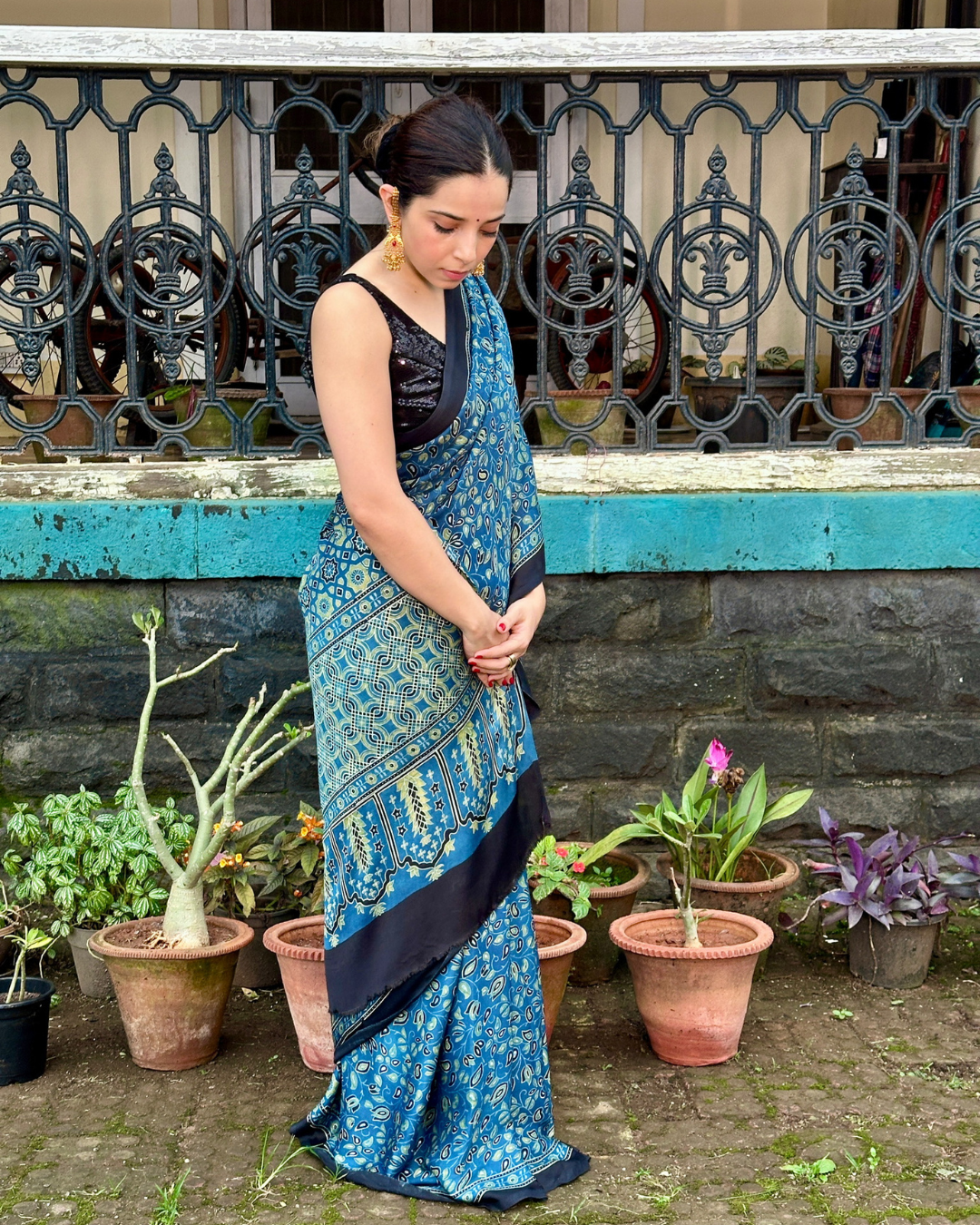 Teal Blue Ajrakh Gajji Silk Saree