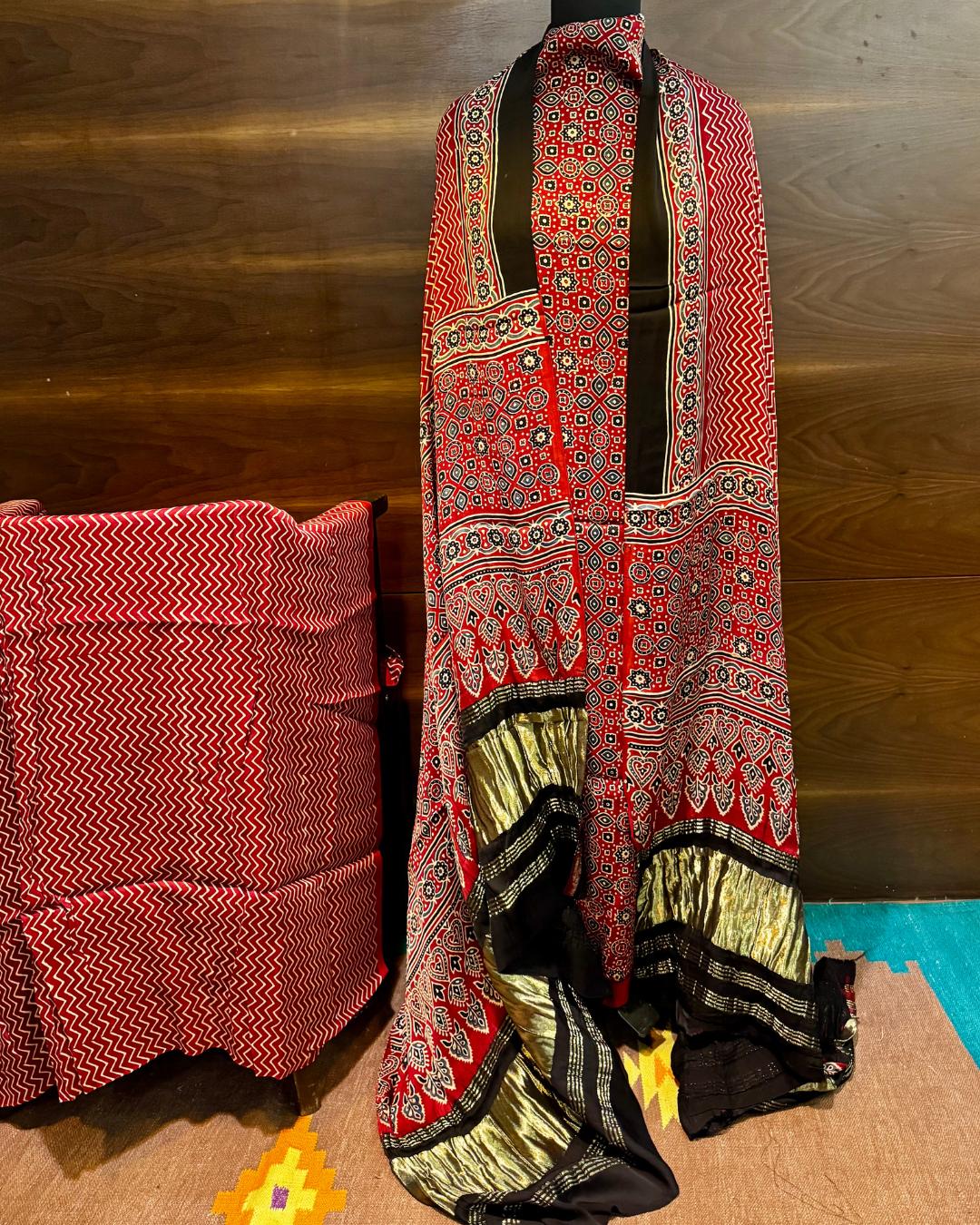 Red Ajrakh Unstitched Modal Silk Dress Material Set with Lagdi Patti Dupatta