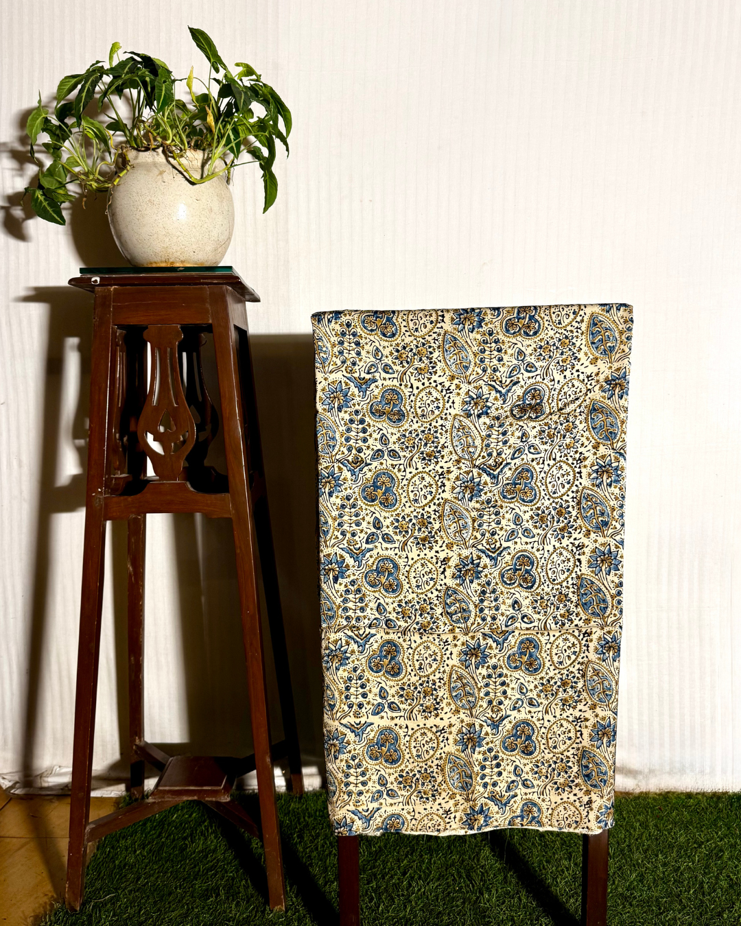 Off White & Blue Ajrakh Unstitched Gajji Silk Dress Material Set
