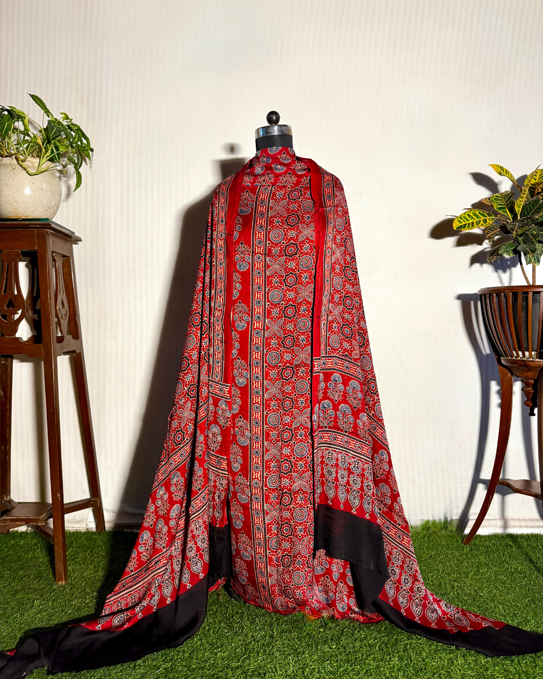 Red Ajrakh Unstitched Gajji Silk Dress Material Set