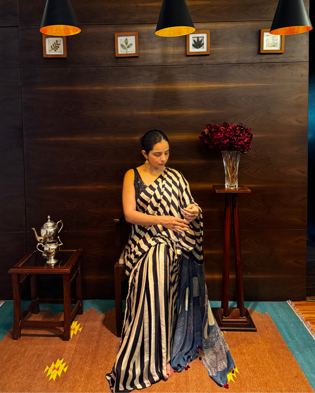 Ajrakh Striped Modal Silk Saree