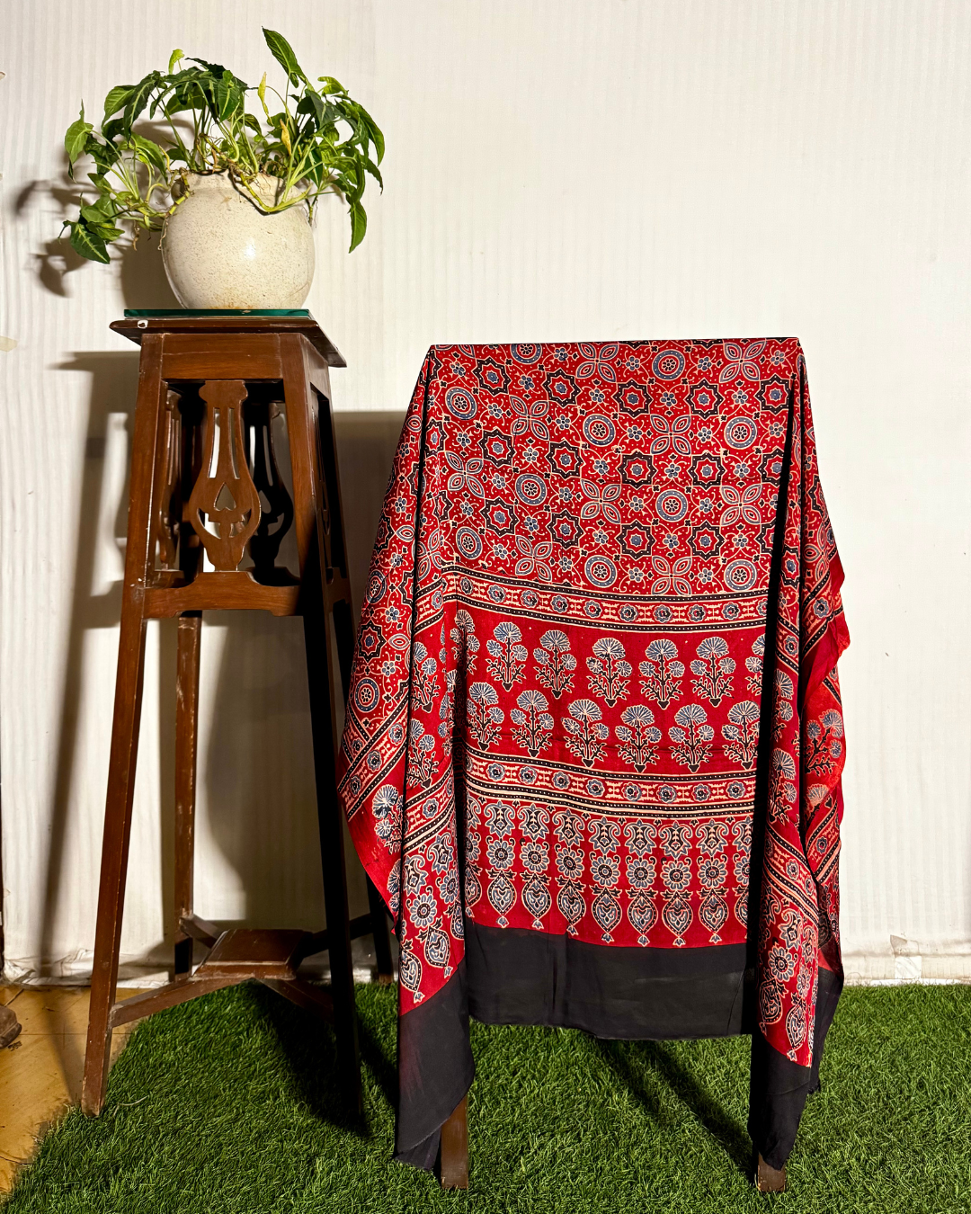 Red Ajrakh Unstitched Gajji Silk Dress Material Set