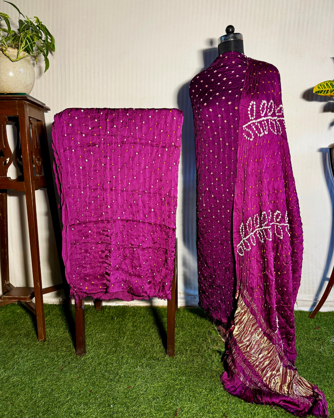 Purple Bandhani Unstitched Gajji Silk Dress Material Set with Lagdi Patti Dupatta
