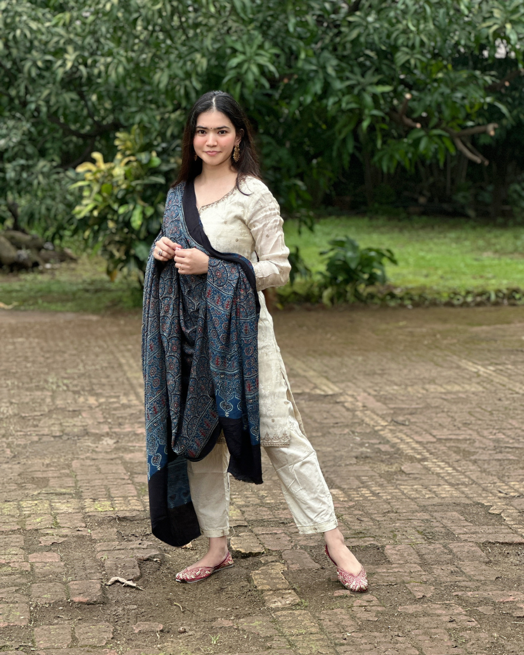 Indigo Gajji Silk Ajrakh Handblock Dupatta