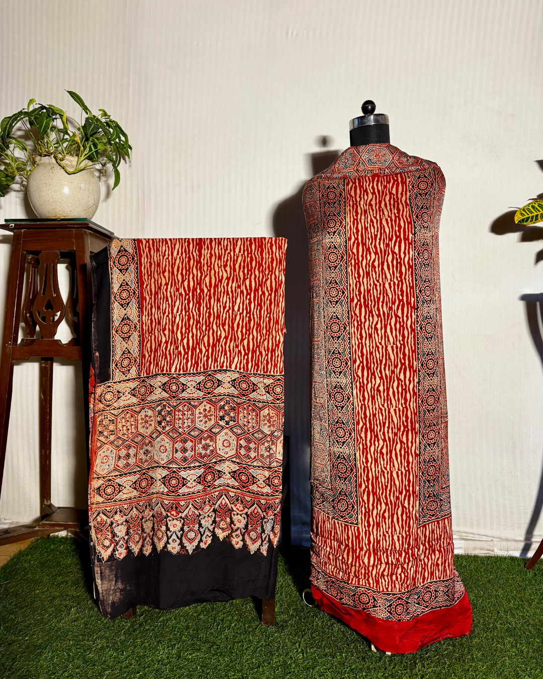Deep Red Ajrakh Unstitched Gajji Silk Dress Material Set
