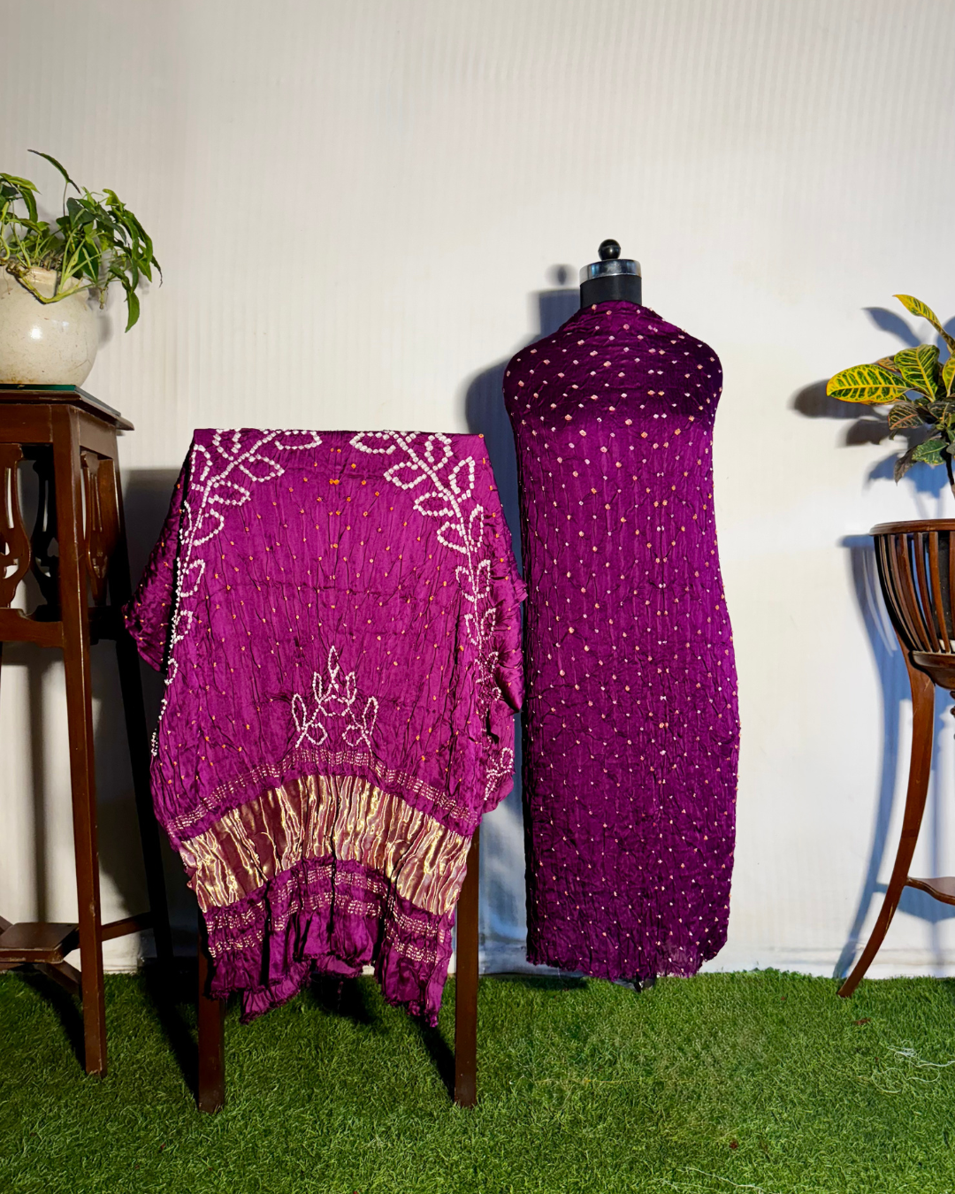 Purple Bandhani Unstitched Gajji Silk Dress Material Set with Lagdi Patti Dupatta