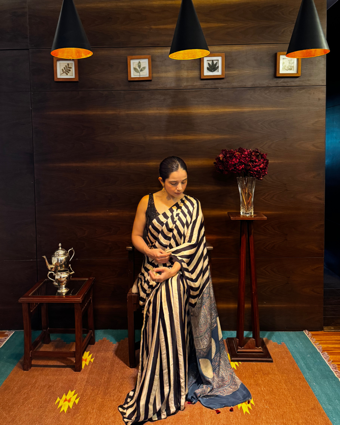 Ajrakh Striped Modal Silk Saree