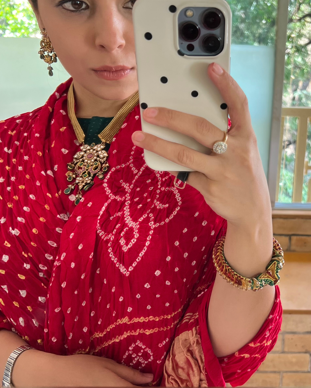 Ladgi Patta Gajji Silk Red Bandhani Saree