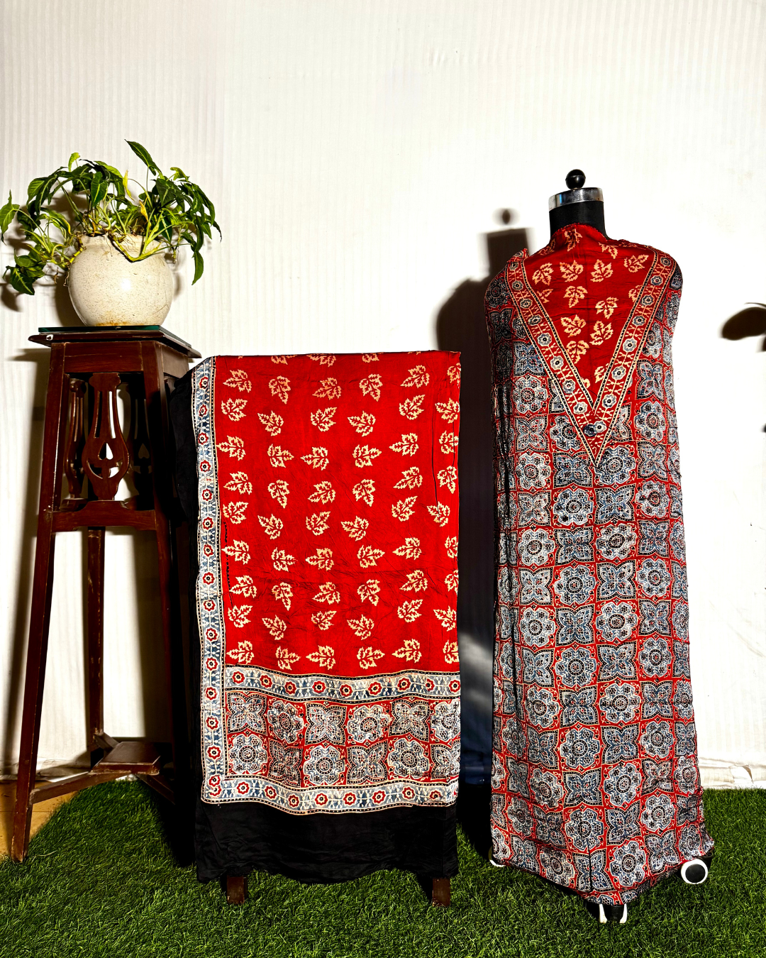 Red & Grey Ajrakh Unstitched Gajji Silk Dress Material Set