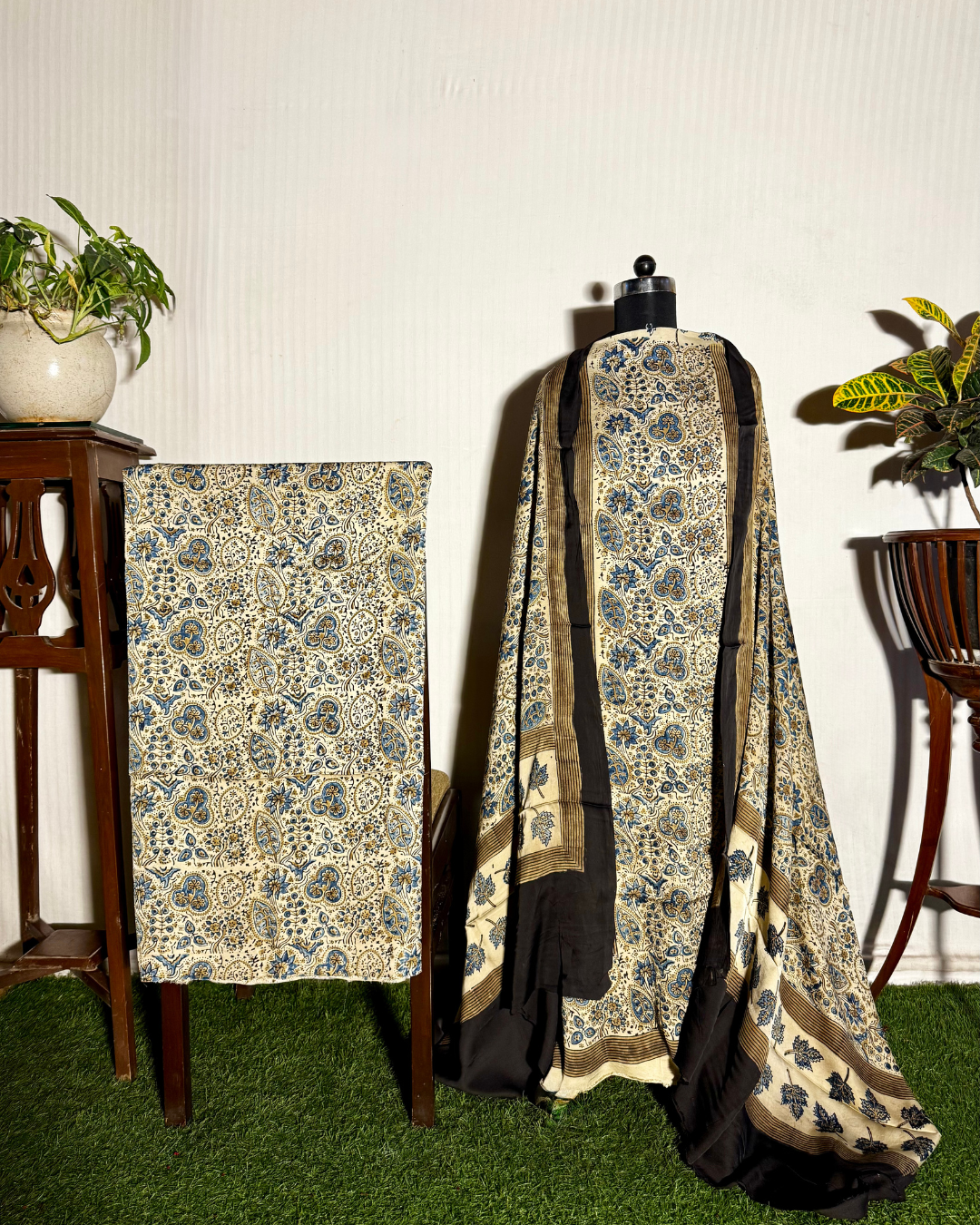Off White & Blue Ajrakh Unstitched Gajji Silk Dress Material Set