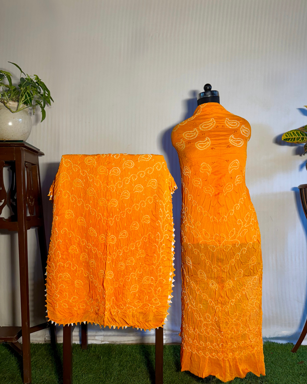 Light Orange Bandhani Unstitched Crepe Silk Dress Material Set