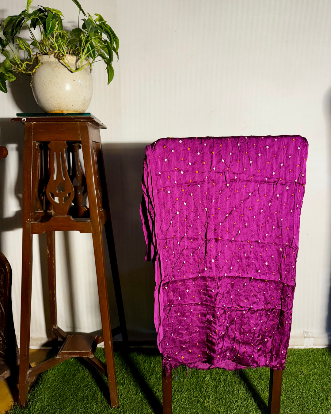 Purple Bandhani Unstitched Gajji Silk Dress Material Set with Lagdi Patti Dupatta