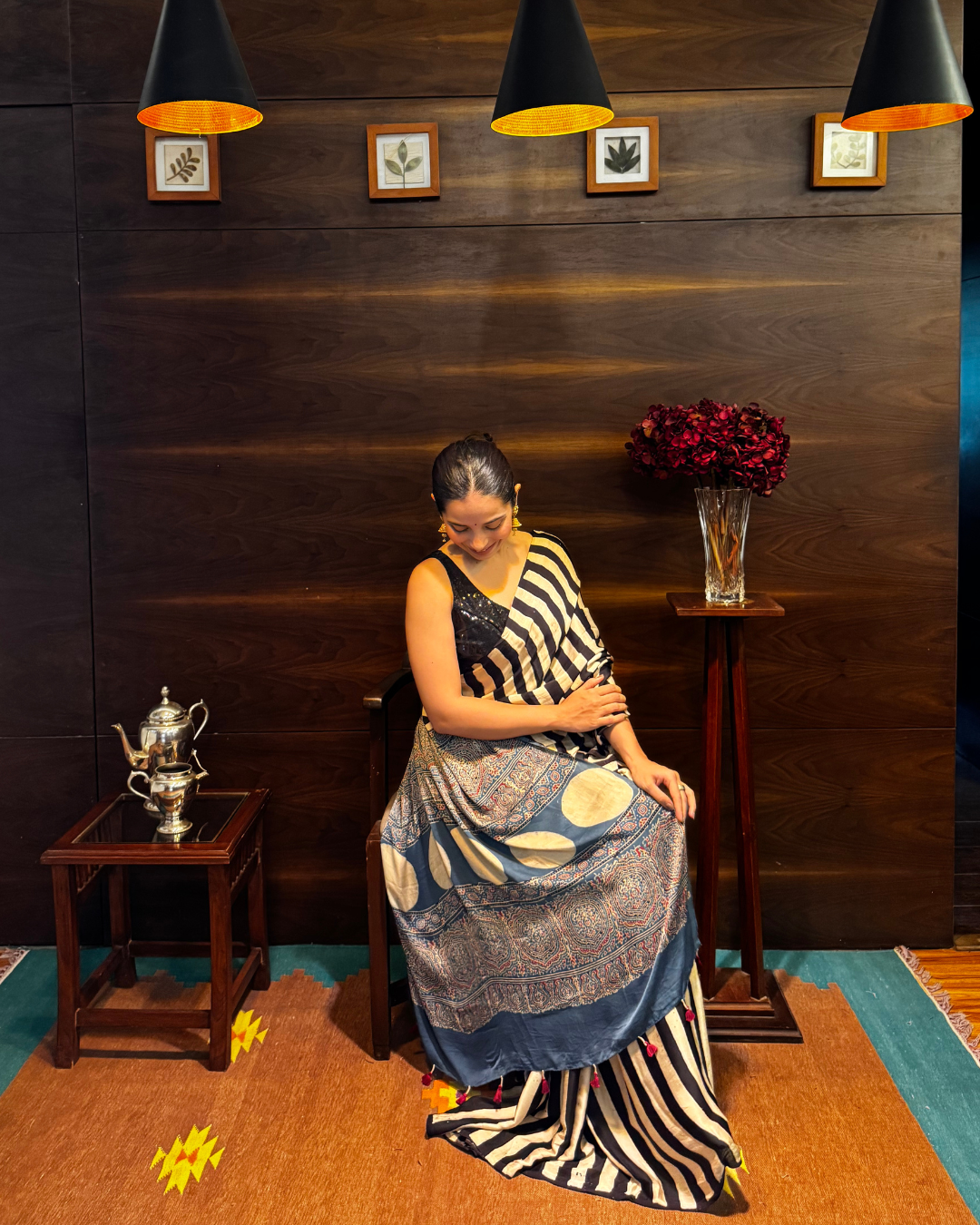Ajrakh Striped Modal Silk Saree