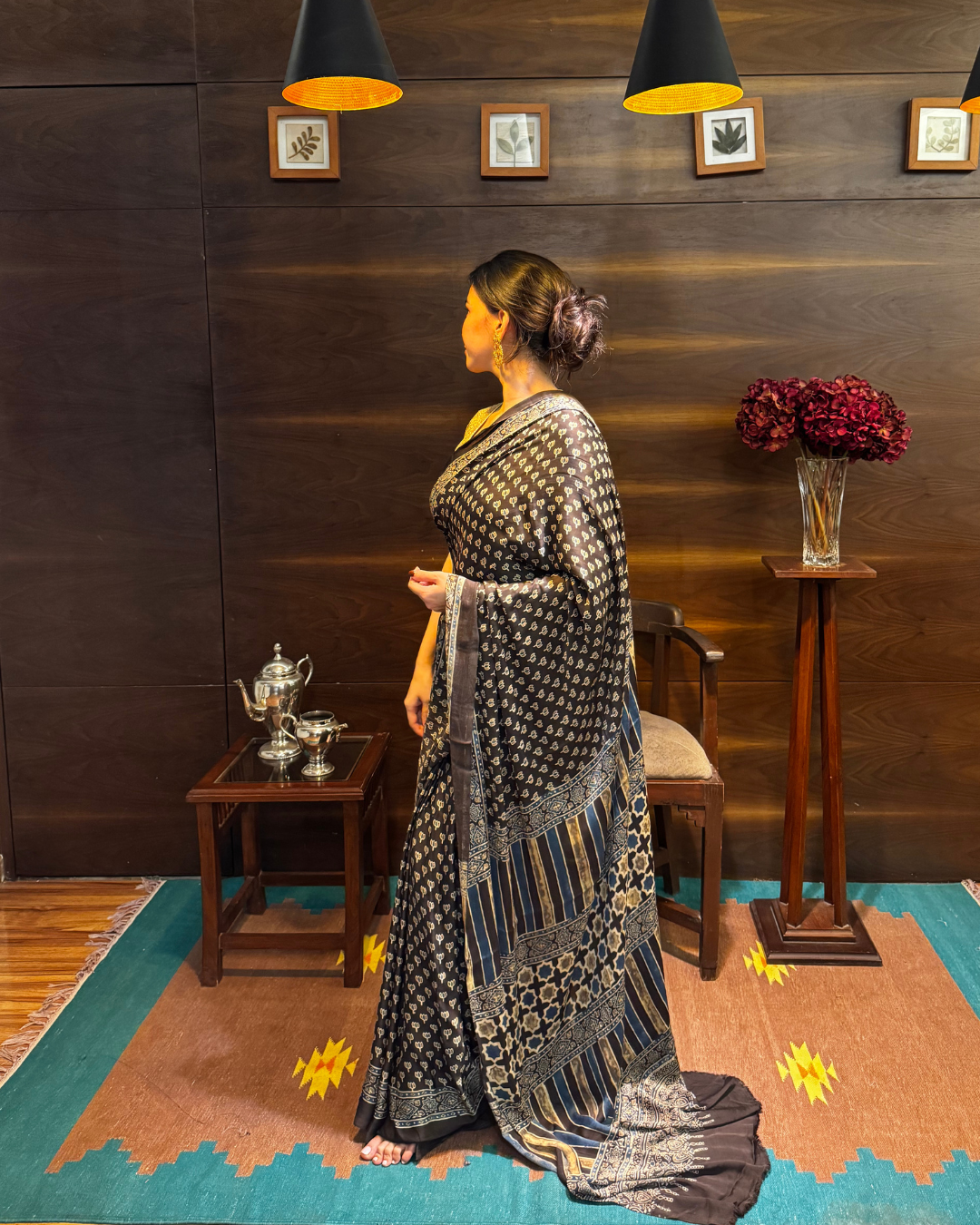 Ajrakh Block Print Black Modal Silk Saree