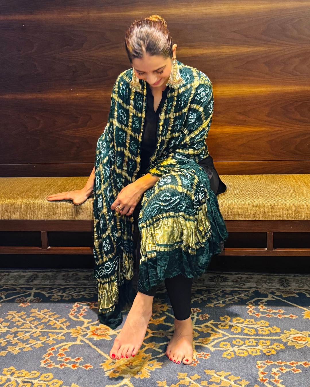 Green Bandhani Gajji Silk Dupatta with Lagdi Patta