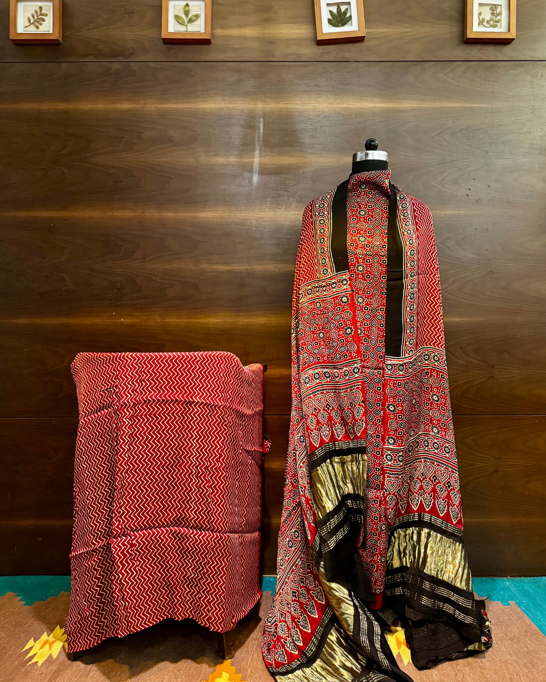 Red Ajrakh Unstitched Modal Silk Dress Material Set with Lagdi Patti Dupatta