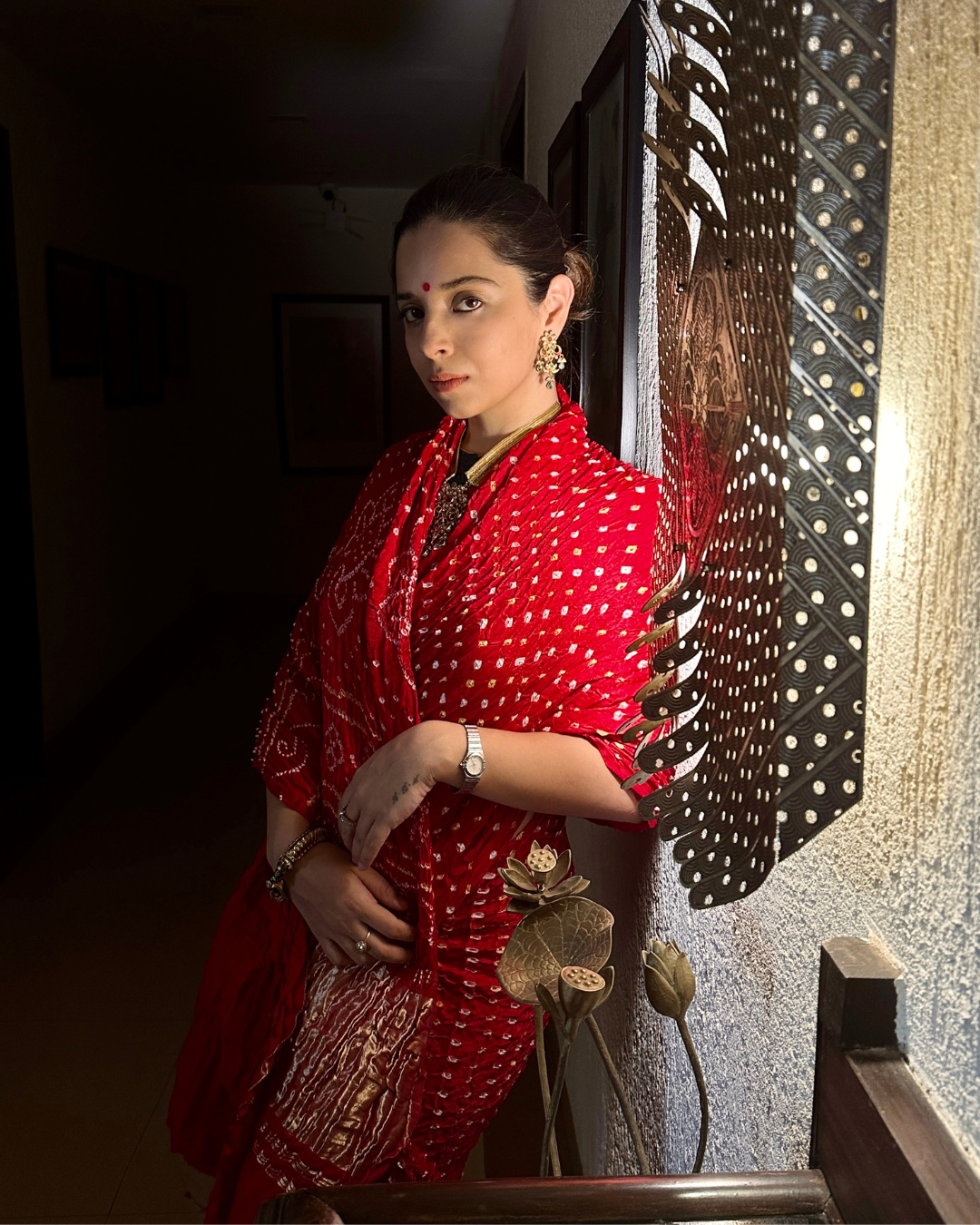 Ladgi Patta Gajji Silk Red Bandhani Saree