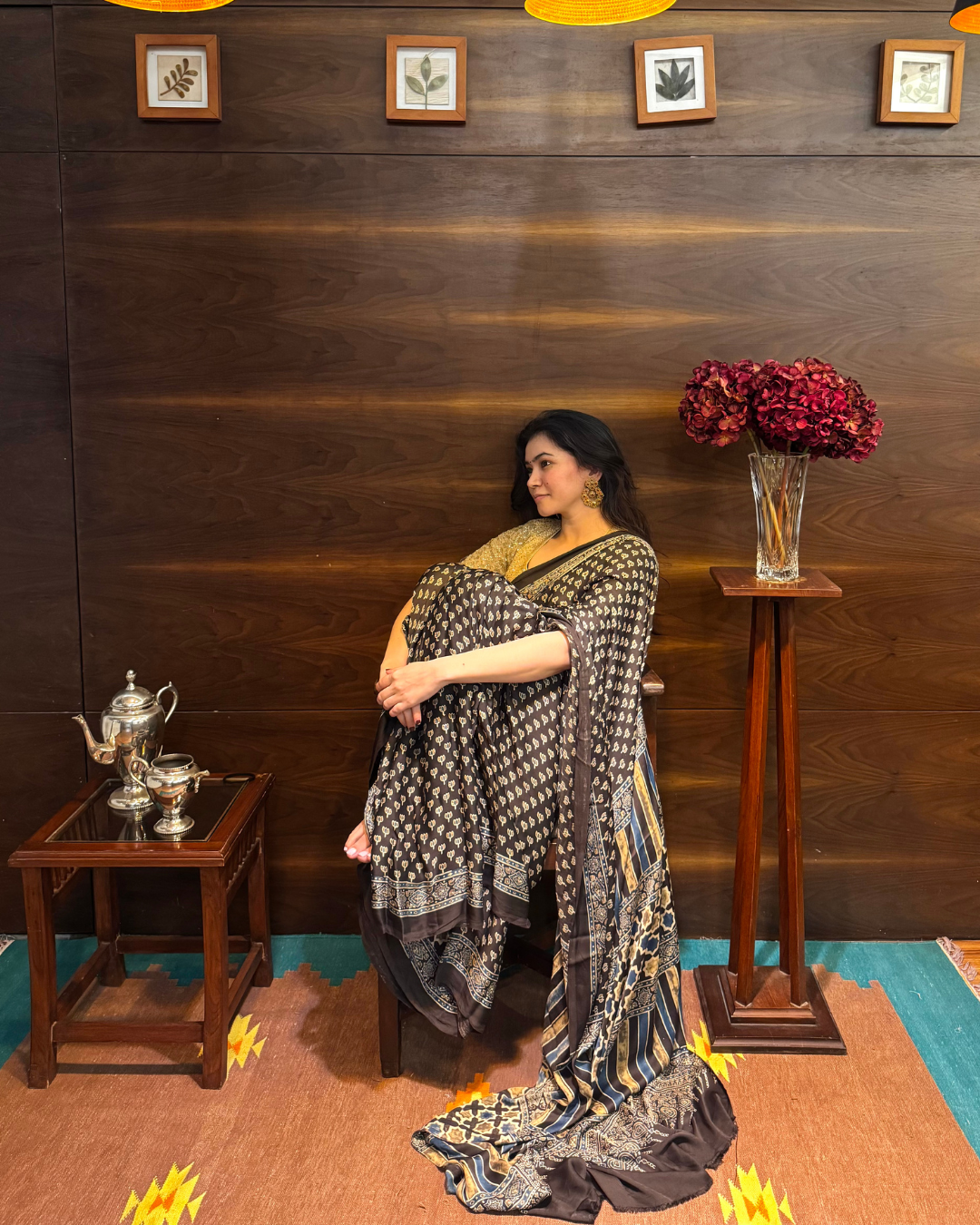 Ajrakh Block Print Black Modal Silk Saree