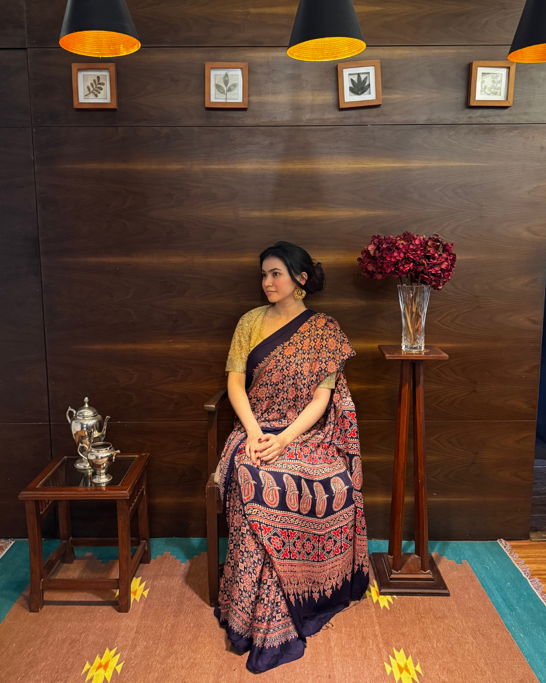 Ajrakh Block Printed Maroon and Navy Blue Modal Silk Saree