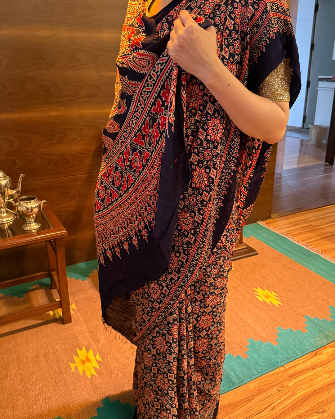 Ajrakh Block Printed Maroon and Navy Blue Modal Silk Saree