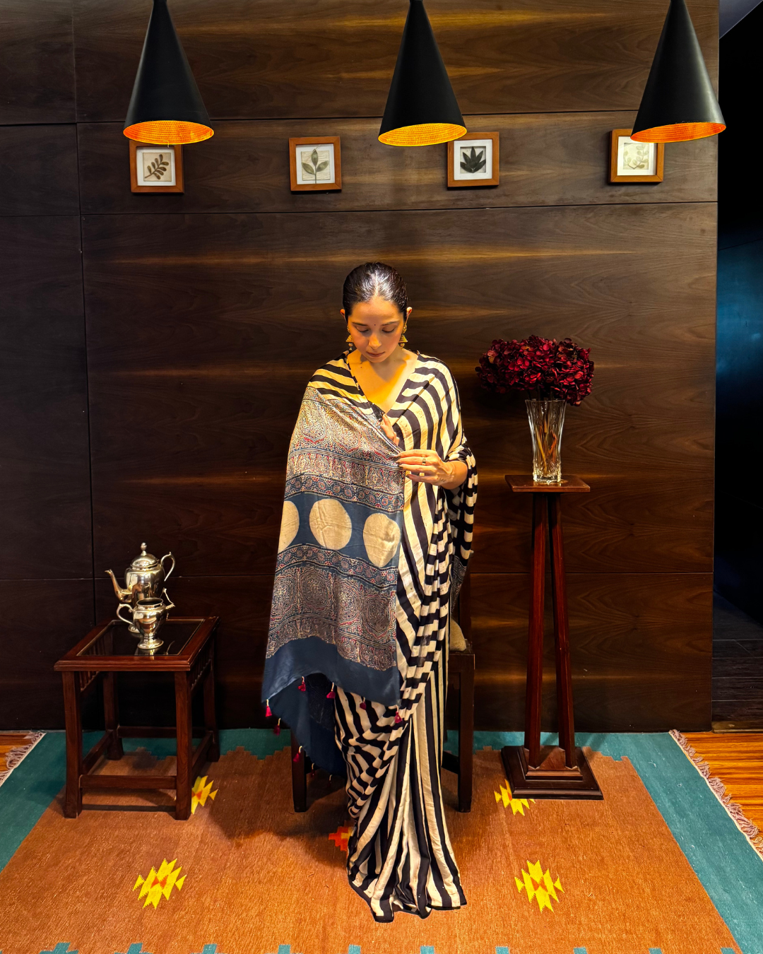 Ajrakh Striped Modal Silk Saree