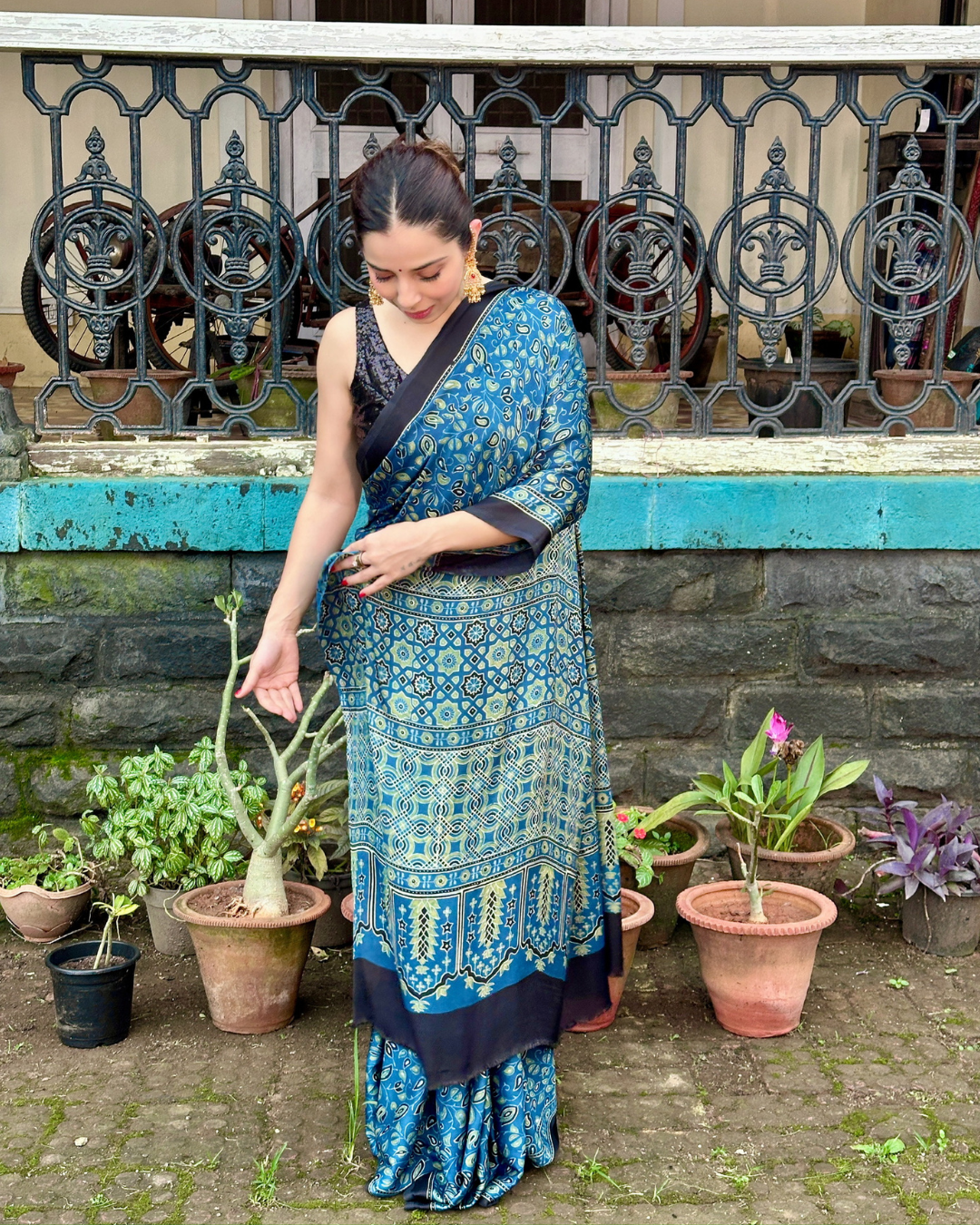 Teal Blue Ajrakh Gajji Silk Saree