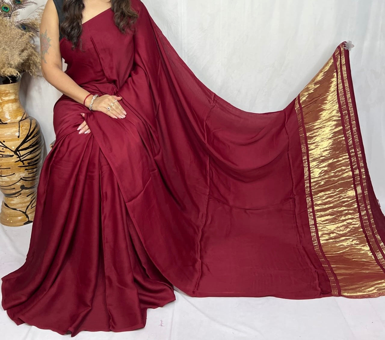 Pure Modal Silk Plain Maroon Saree with Lagdi Patta