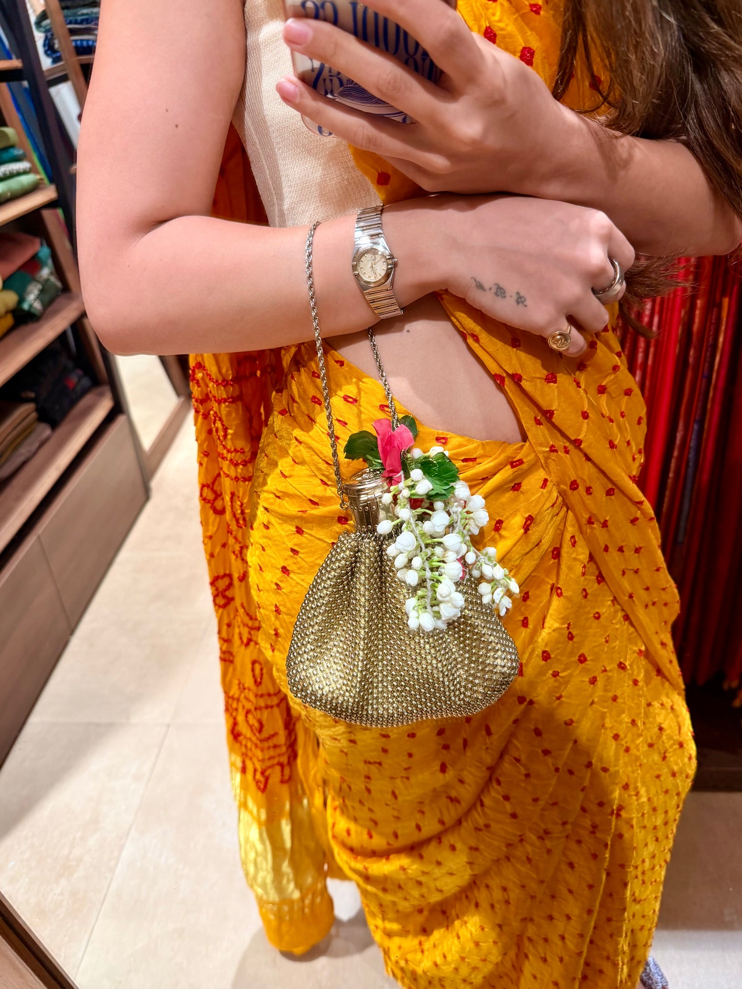 Pure Gajji Silk Yellow Bandhani Saree with Lagdi Patta