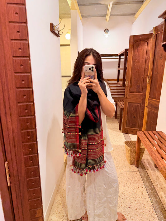 Black Soft Cotton Handwoven Bhujodi Scarf/ Stole