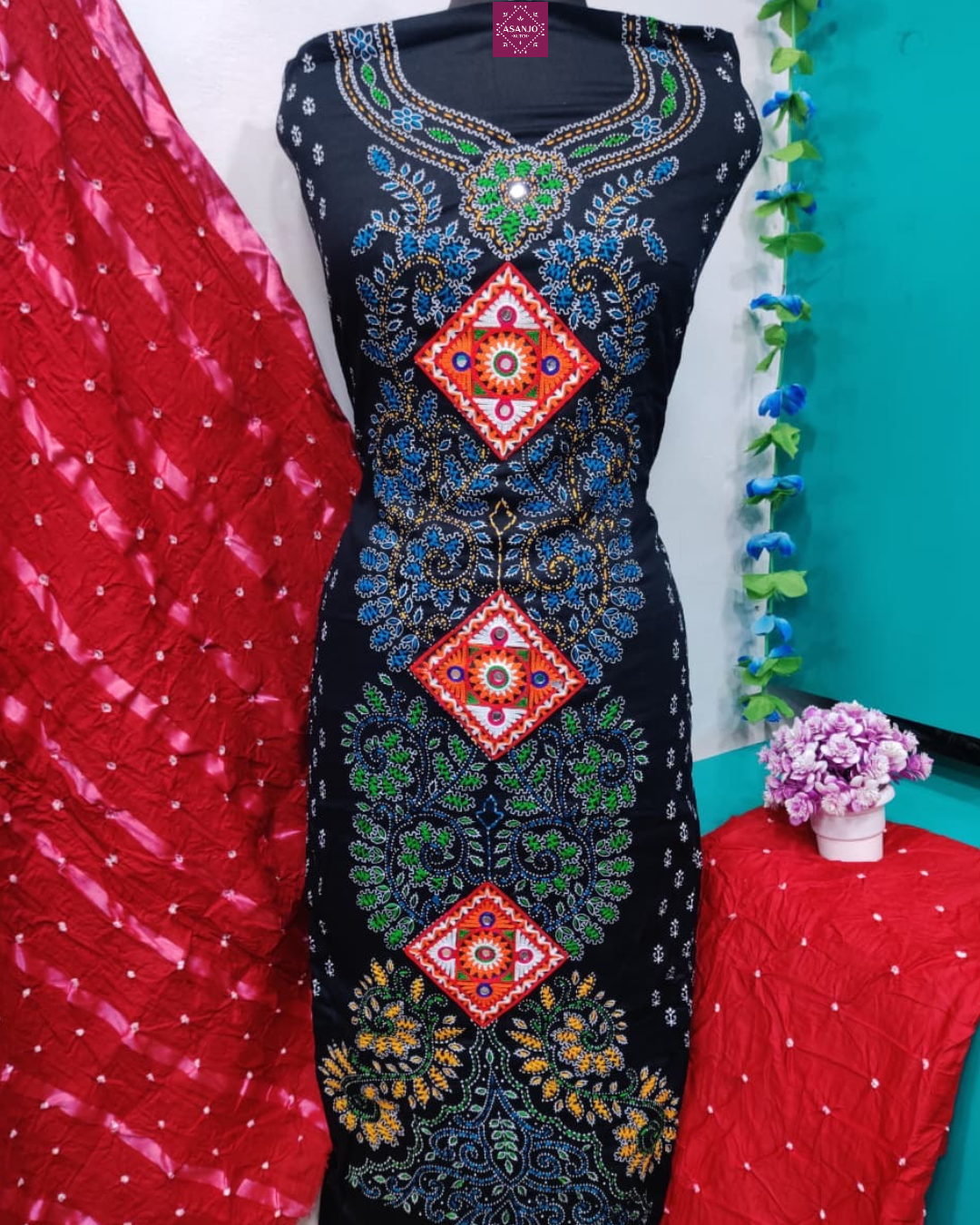 Kutchi Patchwork Navy Blue & Red Dress Material