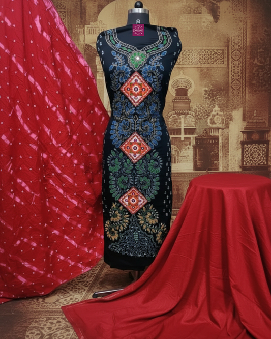 Kutchi Patchwork Navy Blue & Red Dress Material