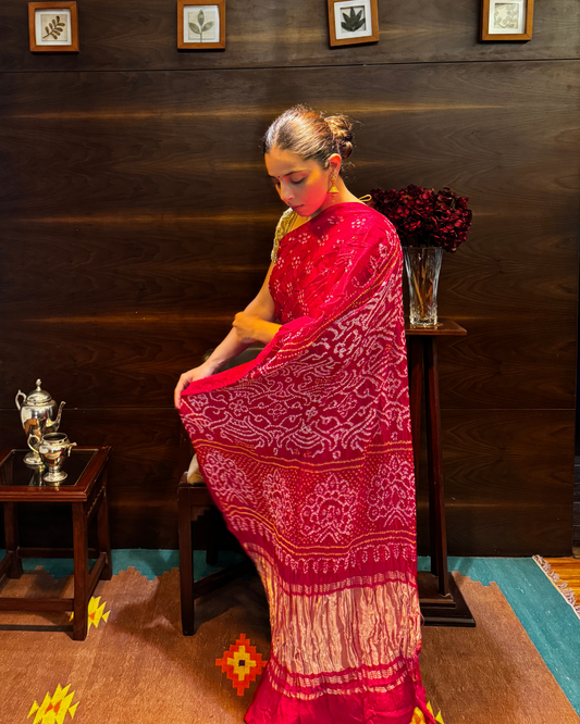 Red Bandhani Pure Gajji Silk Saree with Lagdi Patta