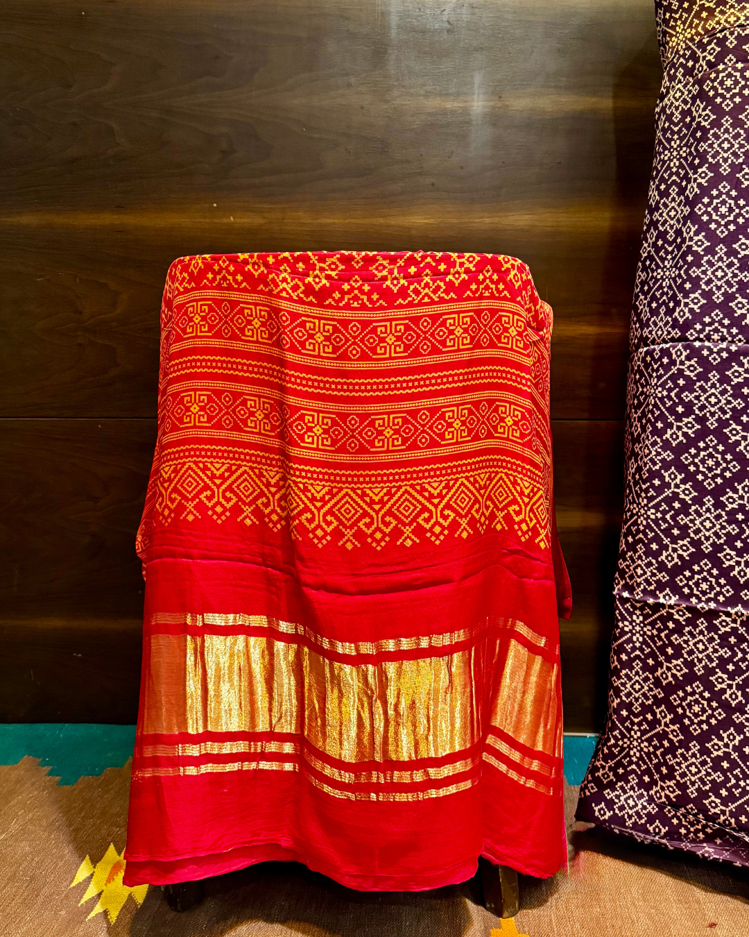 Red and Purple Ajrakh Unstitched Modal Silk Dress Material Set with Lagdi Patti Dupatta