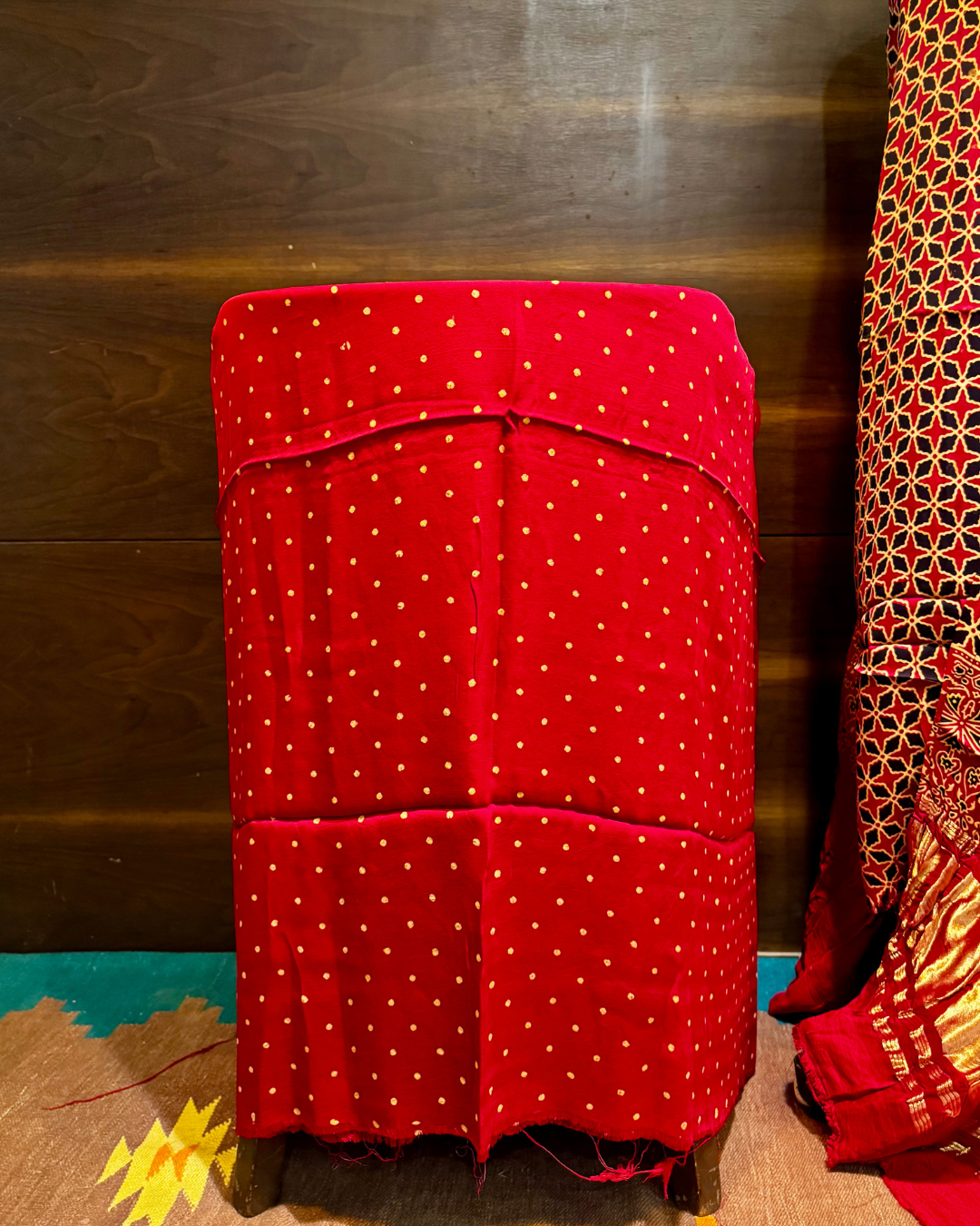 Pure Red Ajrakh Unstitched Modal Silk Dress Material Set with Lagdi Patti Dupatta