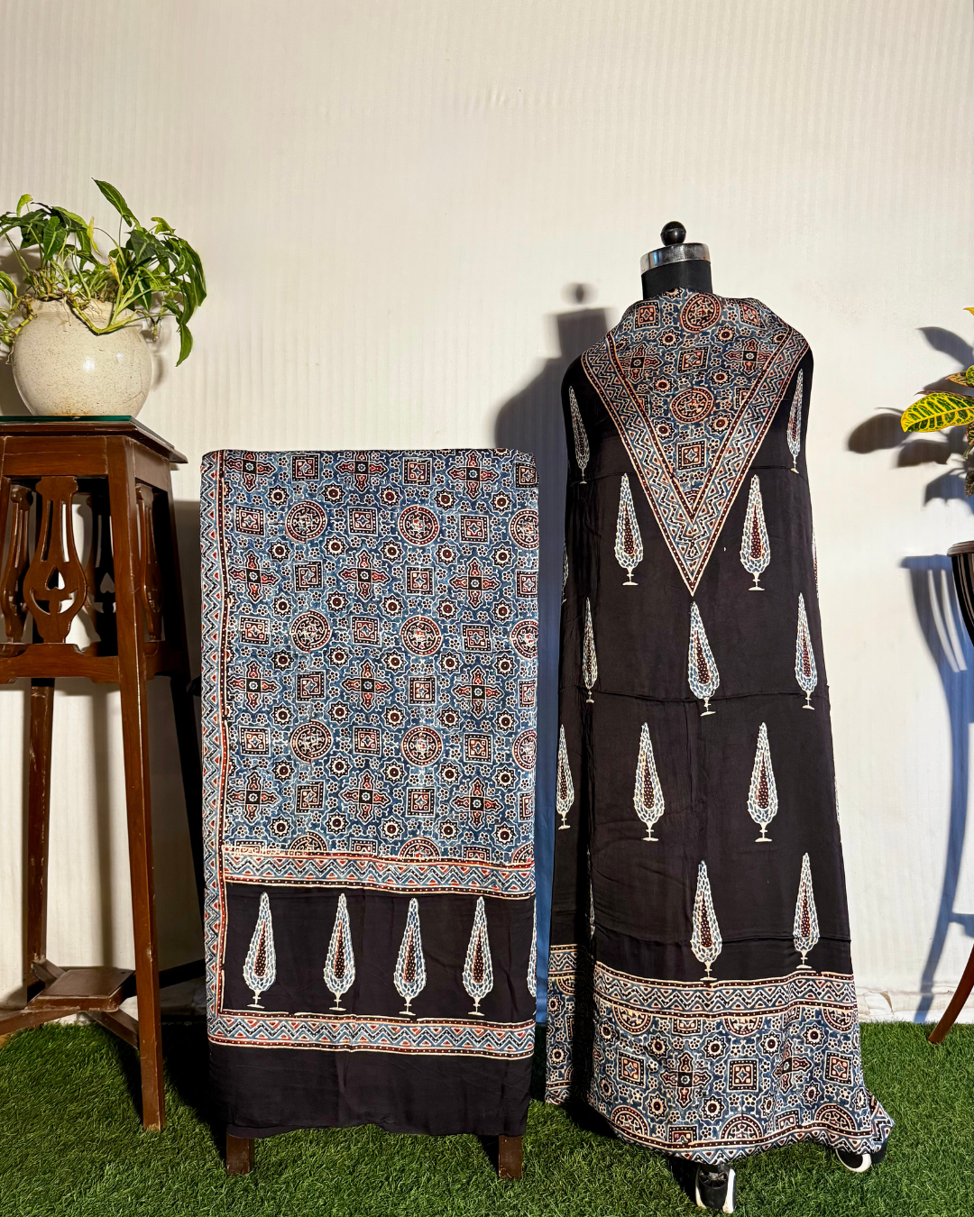 Black & Blue Ajrakh Unstitched Gajji Silk Dress Material Set