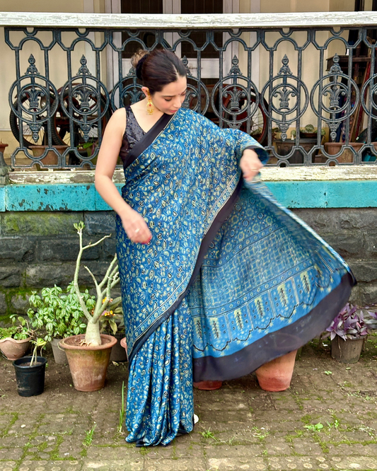 Teal Blue Ajrakh Gajji Silk Saree