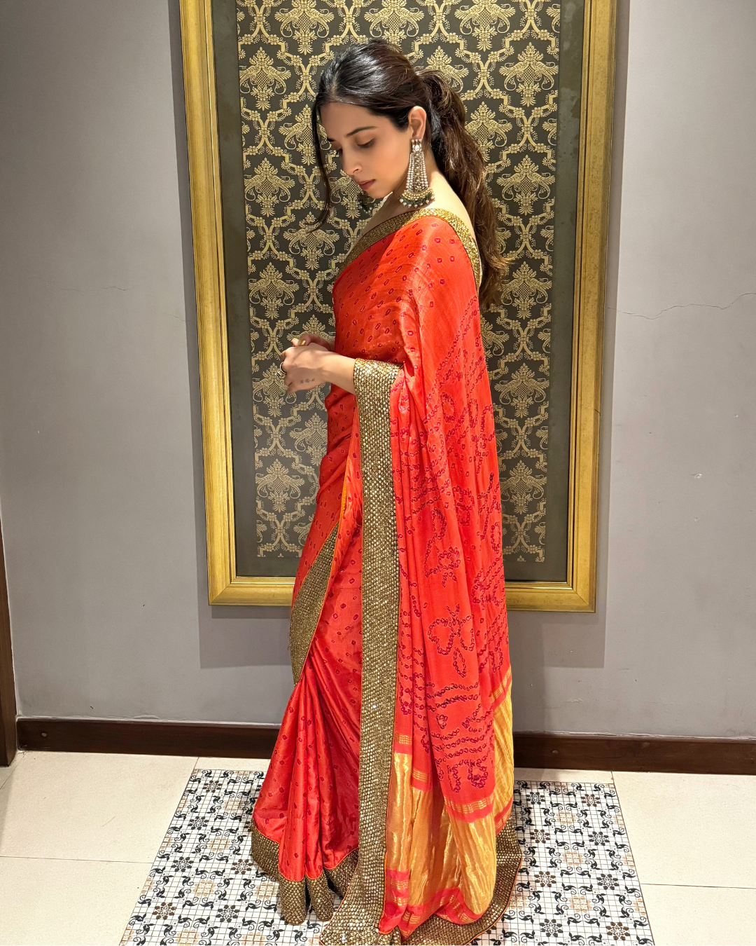 Pure Georgette Bandhani Saree with Golden Border