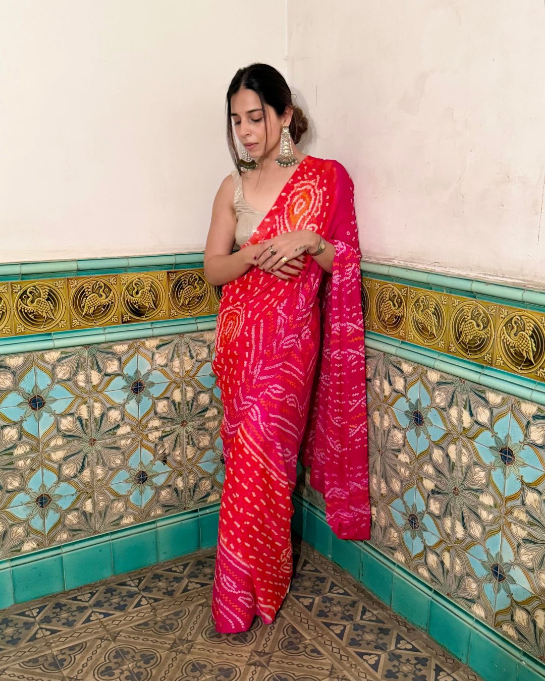 Hot Pink Bandhani Crepe Silk Saree