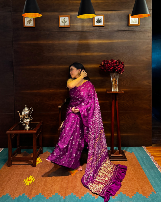 Purple Bandhani Pure Gajji Silk Saree with Lagdi Patta